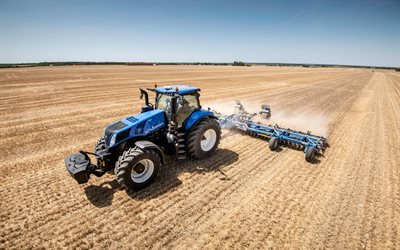 new holland t8-410 genesis, 4k, jardinières, 2022 tracteurs, champ d engrais, machines agricoles, champ de labour, tracteur bleu, tracteur sur le terrain, concepts agricoles, new holland