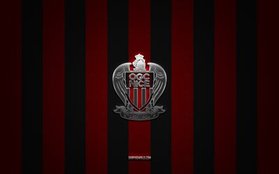 OGC Nice logo, French football club, Ligue 1, red black carbon background, OGC Nice emblem, football, OGC Nice, France, OGC Nice silver metal logo