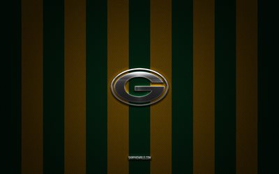 Green Bay Packers logo, american football team, NFL, green yellow carbon background, Green Bay Packers emblem, american football, Green Bay Packers silver metal logo, Green Bay Packers