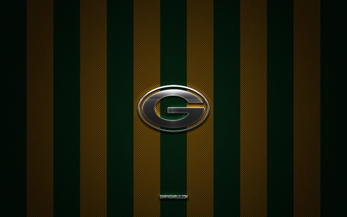 Green Bay Packers logo, american football team, NFL, green yellow carbon background, Green Bay Packers emblem, american football, Green Bay Packers silver metal logo, Green Bay Packers