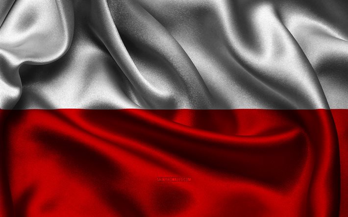 Poland flag, 4K, European countries, satin flags, flag of Poland, Day of Poland, wavy satin flags, Polish flag, Polish national symbols, Europe, Poland