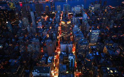 밤의 맨해튼, 4k, 미국 도시들, 야경, 고층 빌딩, 뉴욕, 미국, 조감도, 맨해튼, 뉴욕 도시 풍경