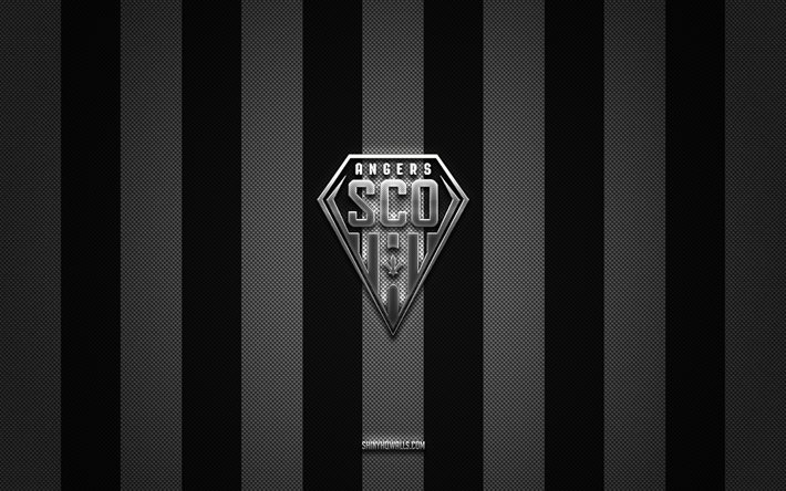 Angers SCO logo, French football club, Ligue 1, white black carbon background, Angers SCO emblem, football, Angers SCO, France, Angers SCO silver metal logo