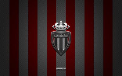 as monaco-logo, französischer fußballverein, ligue 1, rot-weißer karbonhintergrund, as monaco-emblem, fußball, as monaco, frankreich, as monaco-silbermetalllogo