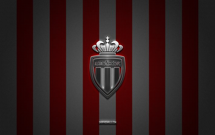as monaco-logo, französischer fußballverein, ligue 1, rot-weißer karbonhintergrund, as monaco-emblem, fußball, as monaco, frankreich, as monaco-silbermetalllogo