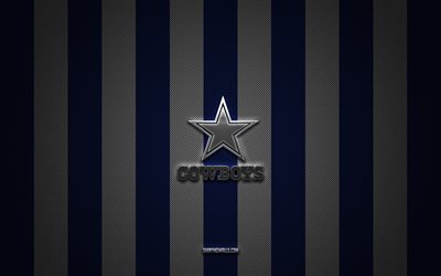 Dallas Cowboys logo, american football team, NFL, blue white carbon background, Dallas Cowboys emblem, american football, Dallas Cowboys silver metal logo, Dallas Cowboys