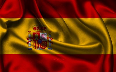 스페인 국기, 4k, 유럽 국가, 새틴 플래그, 스페인의 국기, 스페인의 날, 물결 모양의 새틴 플래그, 스페인 국가 상징, 유럽, 스페인