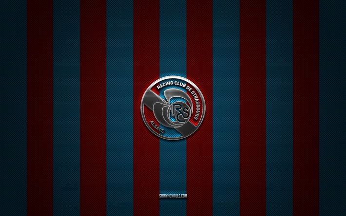 rc strasbourg alsace logo, fransız futbol kulübü, 1 izle, mavi, kırmızı karbon arka plan, rc strasbourg alsace amblemi, futbol, rc strasbourg alsace, fransa, rc strasbourg alsace gümüş metal logo