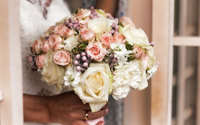 4k, bridal bouquet, white roses, pink roses, wedding bouquet, wedding concepts, bouquet in hands of bride, roses bouquet, beautiful flowers, wedding background, bride, roses
