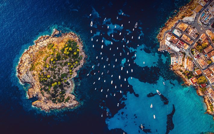 Mallorca, 4k, aerial view, bay, yachts, sea, coast, beautiful nature, Spain, summer travel, Europe