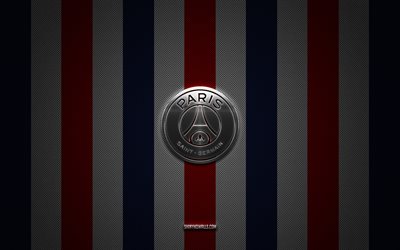 psg-logo, französischer fußballverein, paris saint-germain, ligue 1, blau-rot-weißer kohlenstoffhintergrund, psg-emblem, fußball, psg, frankreich, psg-silbermetalllogo, paris