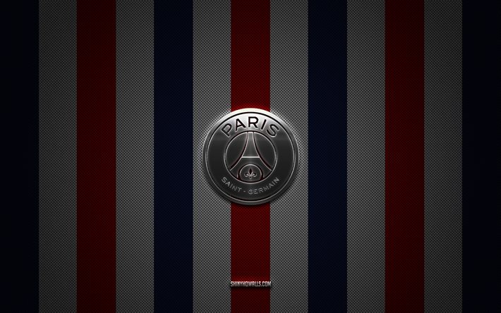 o psg logo, clube de futebol francês, o paris saint-germain, liga 1, azul vermelho branco de fundo de carbono, o psg emblema, futebol, o psg, frança, psg prata logotipo do metal, paris