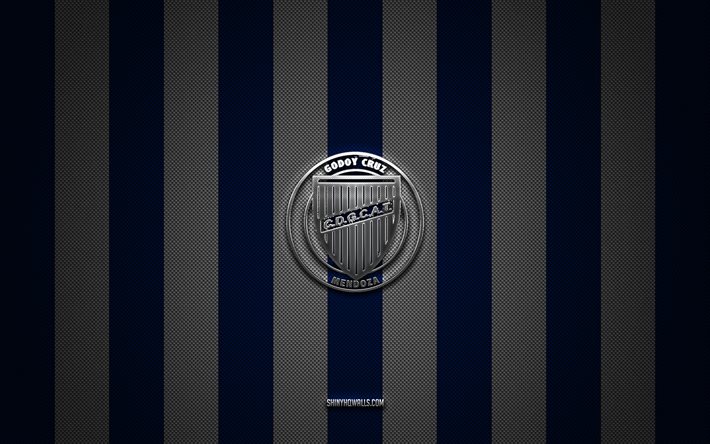 ゴドイ・クルス・アントニオ・トンバのロゴ, アルゼンチンフットボールクラブ, アルゼンチンプリメラ部門, ブルーホワイトカーボンの背景, ゴドイクルスアントニオトンバエンブレム, フットボール, ゴドイ・クルス・アントニオ・トンバ, アルゼンチン, godoy cruz antonio tomba silver metal logo