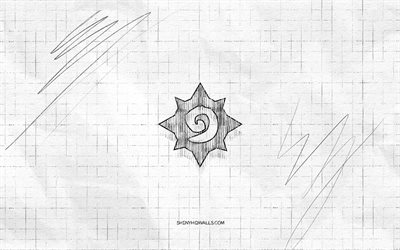 Hearthstone sketch logo, 4K, checkered paper background, Hearthstone black logo, games brands, logo sketches, Hearthstone logo, pencil drawing, Hearthstone