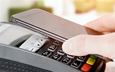 nfc, 非接触型の支払い, 4k, 銀行カードとターミナル, 近いフィールドコミュニケーション, nfcの概念, 銀行カード, 支払い端末, 金融の概念, 電子デバイス