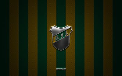 defensa y justicia logo, arjantin futbol kulübü, arjantin primera bölümü, yeşil sarı karbon arka plan, defensa y justicia amblemi, futbol, ​​defensa y justicia, arjantin, defensa y justicia gümüş metal logosu