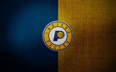 Indiana Pacers badge, 4k, blue yellow fabric background, NBA, Indiana Pacers logo, Indiana Pacers emblem, basketball, sports logo, Indiana Pacers flag, american basketball team, Indiana Pacers