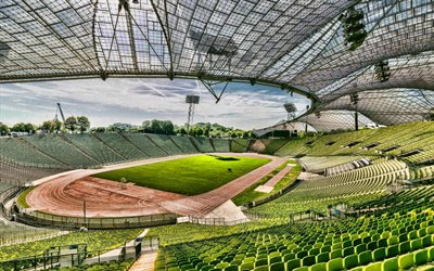 Olympiastadion, 4k, Munich Olympic Stadium, inside view, soccer field, evening, sunset, Munich, Germany, Olympiapark Munchen, Germany stadiums