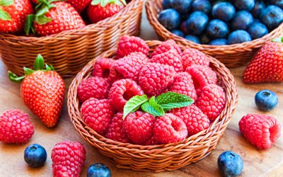 4k, raspberry, strawberry, blueberry, bokeh, ripe berries, macro, large berries, bowls with berries, blueberries, berries