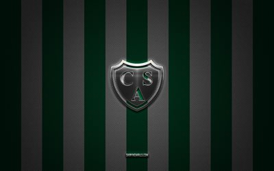 클럽 아틀레티코 sarmiento 로고, 아르헨티나 축구 클럽, 아르헨티나 프리메라 부서, 녹색 흰색 탄소 배경, 클럽 아틀레티코 sarmiento emblem, 축구, 클럽 아틀레티코 sarmiento, 아르헨티나, 클럽 아틀레티코 sarmiento 실버 메탈 로고