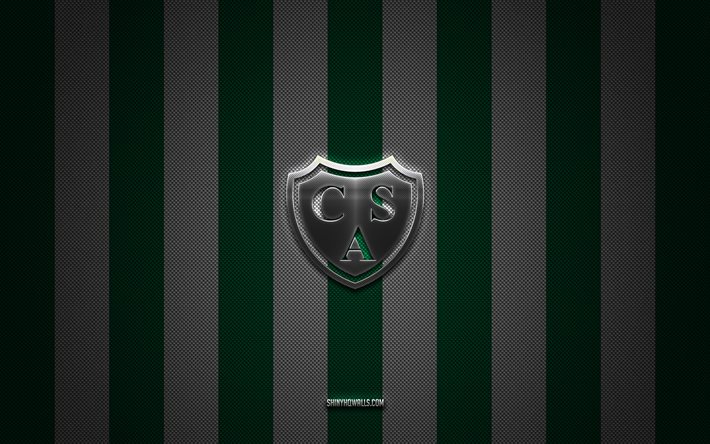 club atletico sarmiento logo, argentinischer fußballverein, argentinischer primera -division, green white carbon hintergrund, club atletico sarmiento emblem, fußball, club atletico sarmiento, argentinien, club atletico sarmiento silber metal logo