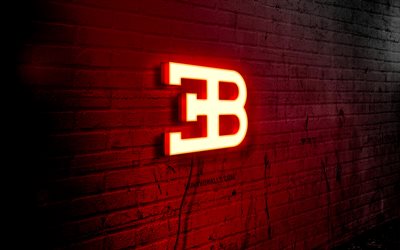 bugatti neon -logo, 4k, red brickwall, grunge art, creative, cars brands, logo auf draht, bugatti red logo, bugatti logo, kunstwerk, bugatti