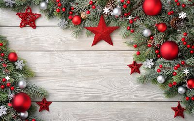 feliz natal, 4k, decorações vermelhas de natal, molduras de natal, fundo de madeira de natal, decorações de natal, feliz ano novo