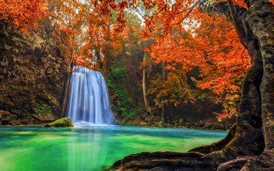 erawan waterfall, hdr, outono, floresta, marcos tailandeses, selva, tailândia, ásia, bela natureza, cachoeiras