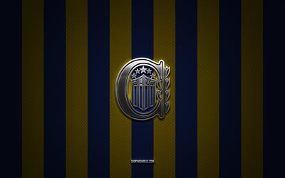 Rosario Central logo, Argentine football club, Argentine Primera Division, blue yellow carbon background, Rosario Central emblem, football, Rosario Central, Argentina, Rosario Central silver metal logo