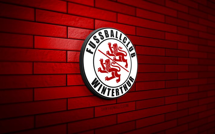 fc winterthur logo 3d, 4k, red brickwall, super league suisse, football, swiss football club, fc winterthur logo, fc winterthur emblem, sports logo, winterthur fc