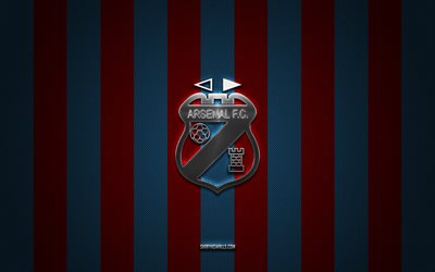 logotipo del arsenal de sarandi, club de fútbol argentino, división argentina de primera, fondo de carbono rojo azul, arsenal de sarandi, fútbol, ​​arsenal de sarandi, argentina, logotipo de metal de plata del arsenal de sarandi
