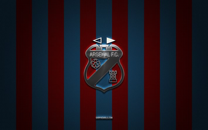 logotipo del arsenal de sarandi, club de fútbol argentino, división argentina de primera, fondo de carbono rojo azul, arsenal de sarandi, fútbol, ​​arsenal de sarandi, argentina, logotipo de metal de plata del arsenal de sarandi