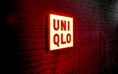 uniqlo neon -logo, 4k, red brickwall, grunge -kunst, kreative, modemarken, logo auf wire, uniqlo red logo, uniqlo -logo, kunstwerk, uniqlo