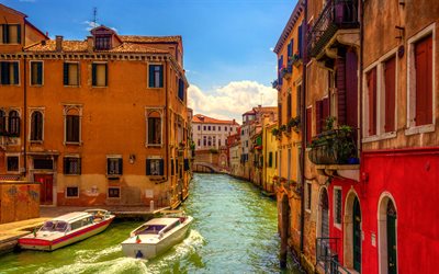 Venice, 4k, water channels, italian cities, boats, Italy, Europe, colorful houses, HDR, summer