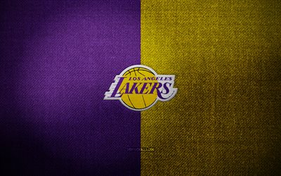 Los Angeles Lakers badge, 4k, violet yellow fabric background, NBA, Los Angeles Lakers logo, Los Angeles Lakers emblem, basketball, sports logo, Los Angeles Lakers flag, american basketball team, Los Angeles Lakers, LA Lakers