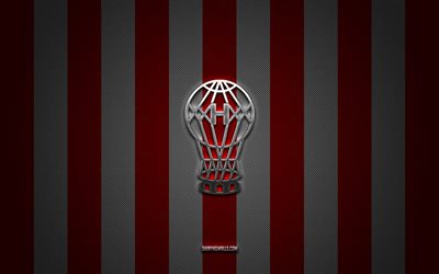 club atletico huracan logo, argentine football club, argentine primera division, red white carbon background, club atletico huracan emblem, football, club atletico huracan, argentine, club atletico huracan silver metal logo