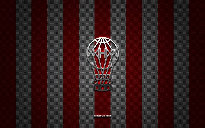 Club Atletico Huracan logo, Argentine football club, Argentine Primera Division, red white carbon background, Club Atletico Huracan emblem, football, Club Atletico Huracan, Argentina, Club Atletico Huracan silver metal logo