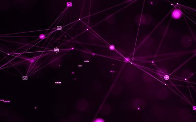ソーシャルネットワーク, 4k, 紫色のテクノロジーの背景, ネットワークの背景, メッセージング, データ転送, メッセンジャー, テクノロジーコミュニケーション, ネットワークの概念