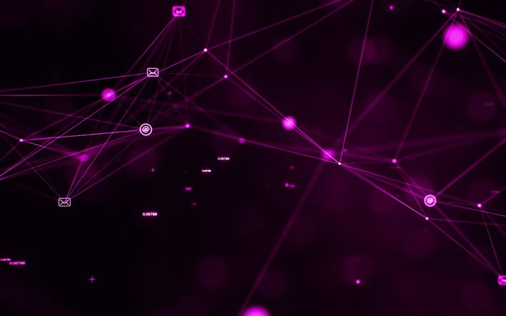 social networks, 4k, purple technology background, networks background, messaging, data transfer, messengers, technology communications, networks concepts