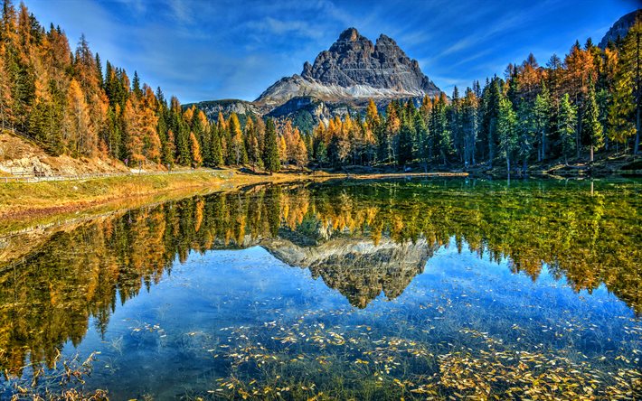 lac antorno, 4k, été, automne, montagnes, forêt, hdr, trentin, dolomites, italie, monuments italiens, europe, belle nature