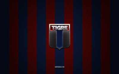 ca tigre logo, argentine football club, argentine primer division, blue red carbon background, ca tigre emblem, football, ca tigre, argentina, ca tigre silver metal logo