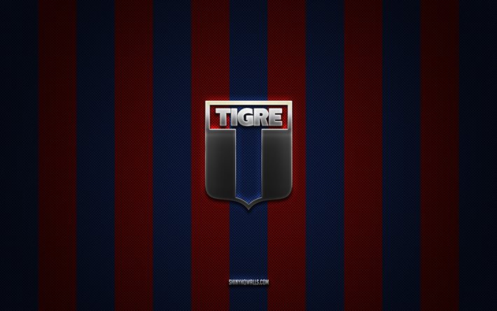 CA Tigre logo, Argentine football club, Argentine Primera Division, blue red carbon background, CA Tigre emblem, football, CA Tigre, Argentina, CA Tigre silver metal logo