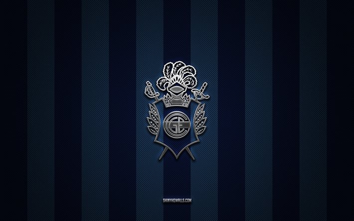 Gimnasia y Esgrima logo, Argentine football club, Argentine Primera Division, blue white carbon background, Gimnasia y Esgrima emblem, football, Gimnasia y Esgrima, Argentina, Gimnasia y Esgrima silver metal logo, Club de Gimnasia y Esgrima La Plata