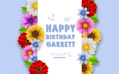 feliz aniversário garrett, 4k, flores 3d coloridas, aniversário de garrett, fundo azul, nomes masculinos americanos populares, garrett, foto com nome de garrett, nome de garrett, garrett feliz aniversário