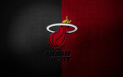 miami heat badge, 4k, red black fabric background, nba, miami heat logo, miami heat emblem, basketball, sports logo, miami heat flag, american basketball team, miami heat
