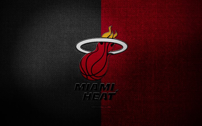miami heat badge, 4k, red black fabric background, nba, miami heat logo, miami heat emblem, basketball, sports logo, miami heat flag, american basketball team, miami heat