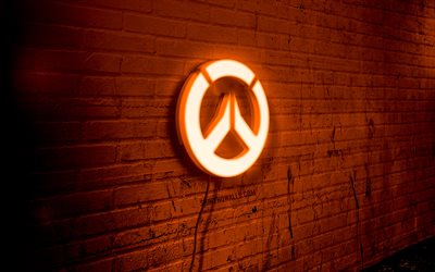 logotipo de neon de overwatch, 4k, orange brickwall, grunge art, creative, games brands, logo on wire, overwatch orange logotipo, logotipo overwatch, obras de arte, overwatch