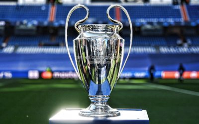 Champions League Cup, 4k, football trophy, Champions League trophy, UEFA, European club football, silver cup, football, Champions League