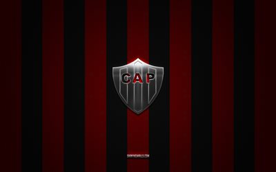 club atletico patronato logo, argentinischer fußballverein, argentinische primera -division, red black carbon hintergrund, club atletico patronato emblem, fußball, club atletico patronato, argentinien, club atletico patronato silber metal logo