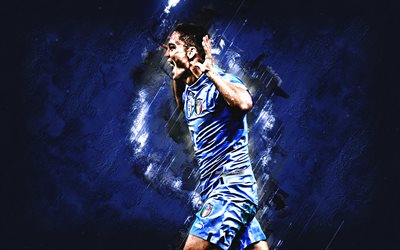 giacomo raspadori, إيطاليا الفريق الوطني لكرة القدم, لاعب كرة قدم إيطالي, لَوحَة, إيطاليا, كرة القدم, خلفية الحجر الأزرق
